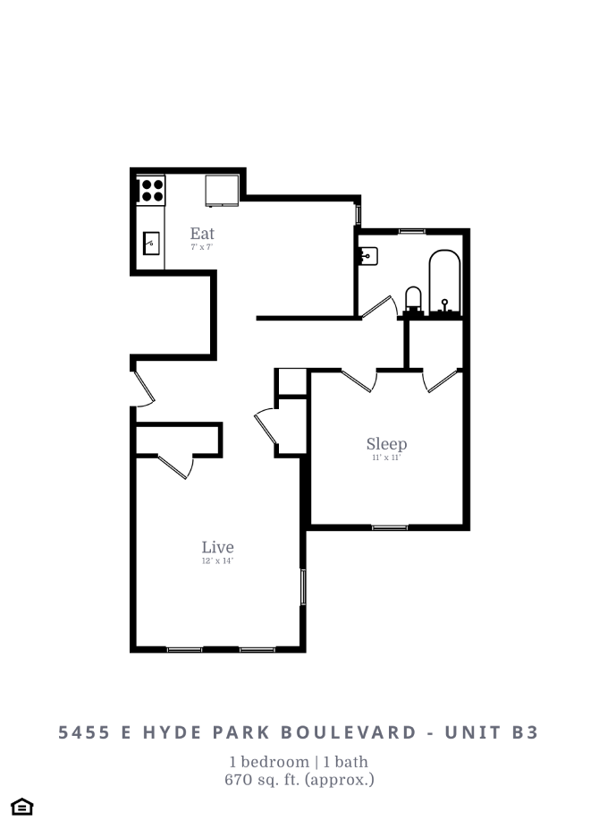 Floor plan for 1 bed, 1 bath, 670 sqft